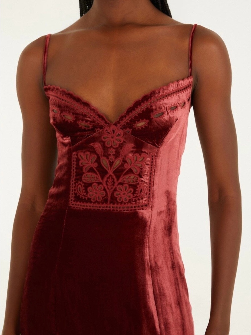 Velvet Embroidered Slip Farm Rio Burgundy Cut-Out Flowers Sleeveless Midi Dress